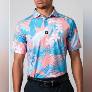 Bad Birdie Men's Tropical Golf Polo Shirt Large Coral Blue Palm Leaf Flowers XL